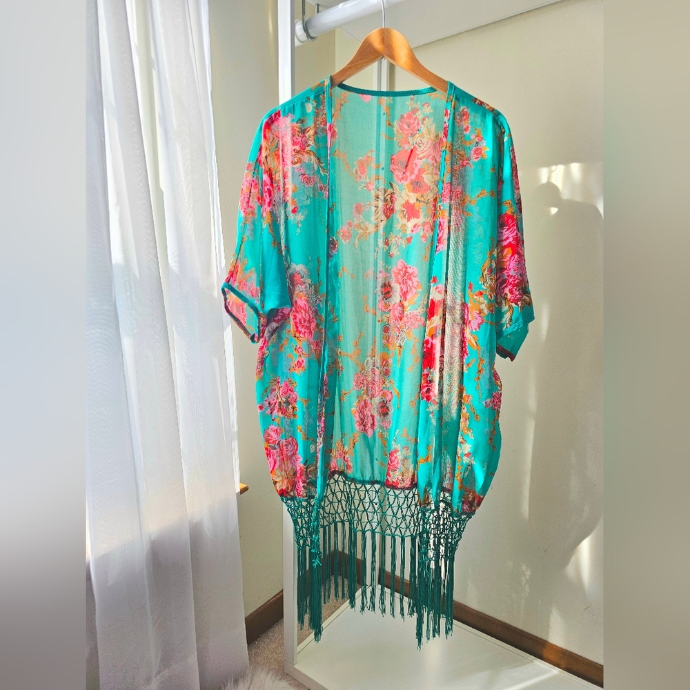 Turquoise, Floral + Fringe Kimono - Picture 2 of 6